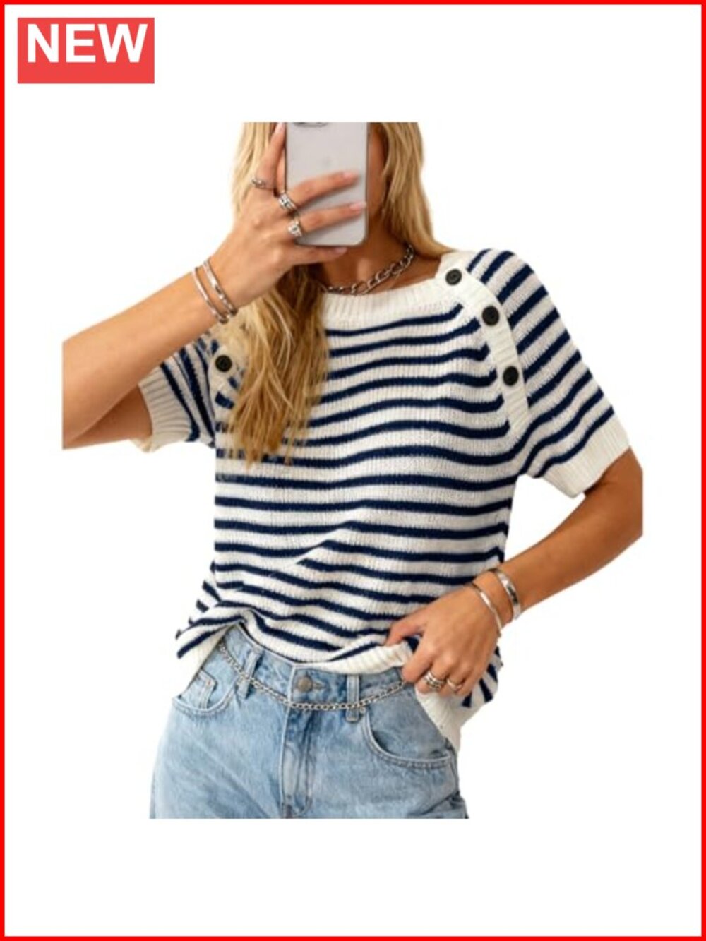 Women's Striped Knit Sweater Vest Short Sleeve Button Shoulder Pullover